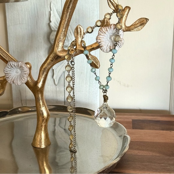 Vintage Elegant Crystal Pendant Necklace, Gold & Rosary Beads, 30”Inches - Picture 4 of 7